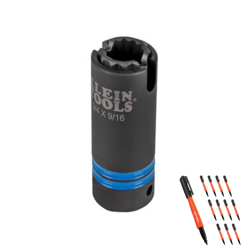 Klein Tools 3-in-1 Slotted Impact Socket, 12-Point, 3/4 and 9/16-Inch- 66031 with Free Marker Set  from GME Supply